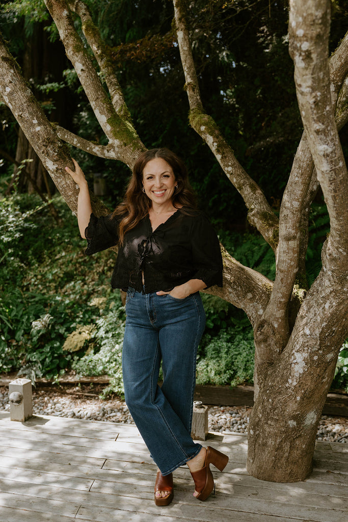 Eyelet & Floral Embroidery Tie Front Shirt - Black