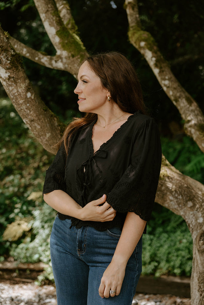 Eyelet & Floral Embroidery Tie Front Shirt - Black