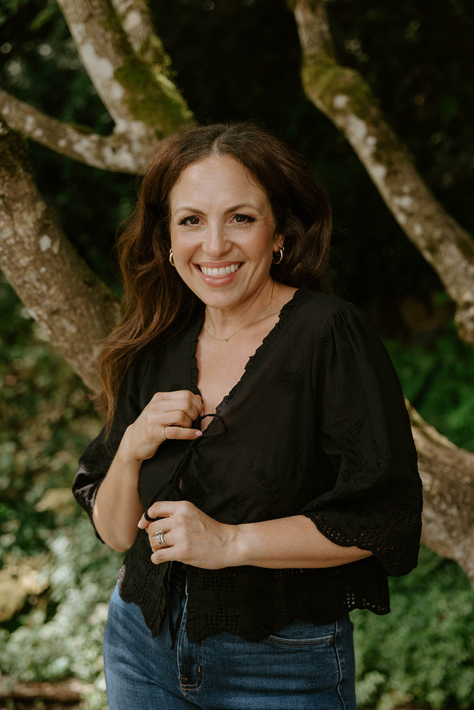 Eyelet & Floral Embroidery Tie Front Shirt - Black