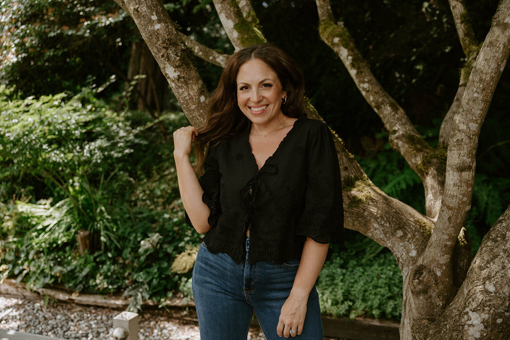 Eyelet & Floral Embroidery Tie Front Shirt - Black