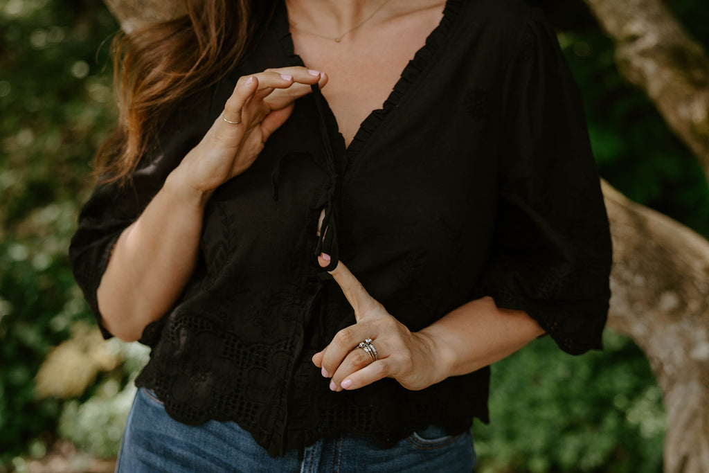 Eyelet & Floral Embroidery Tie Front Shirt - Black