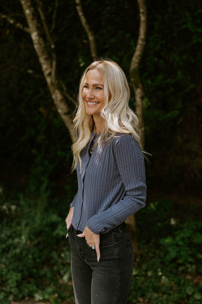 Cable Knit Lightweight Cardigan - Dusty Navy