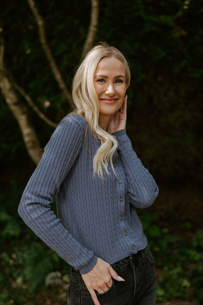Cable Knit Lightweight Cardigan - Dusty Navy