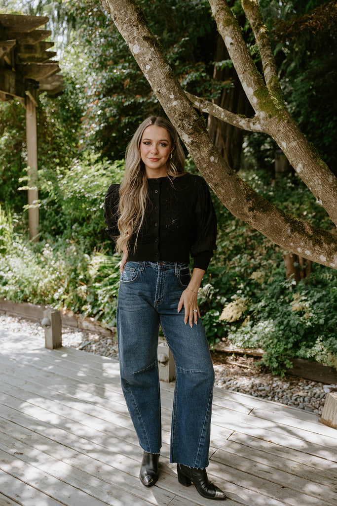 Crochet Mixed Material Cardigan - Black