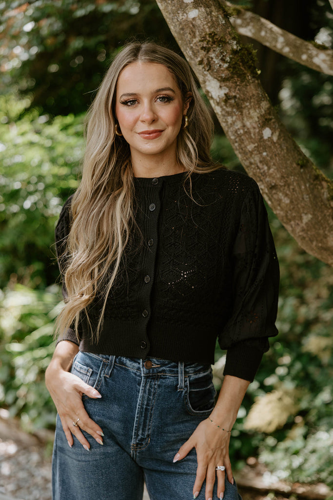 Crochet Mixed Material Cardigan - Black