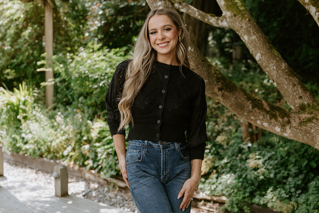 Crochet Mixed Material Cardigan - Black