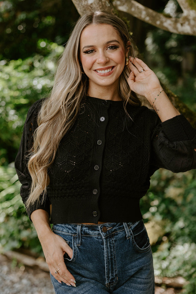Crochet Mixed Material Cardigan - Black
