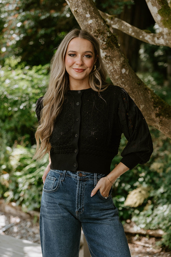 Crochet Mixed Material Cardigan - Black