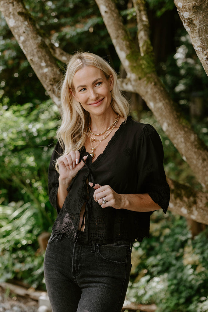 Eyelet & Floral Embroidery Tie Front Shirt - Black