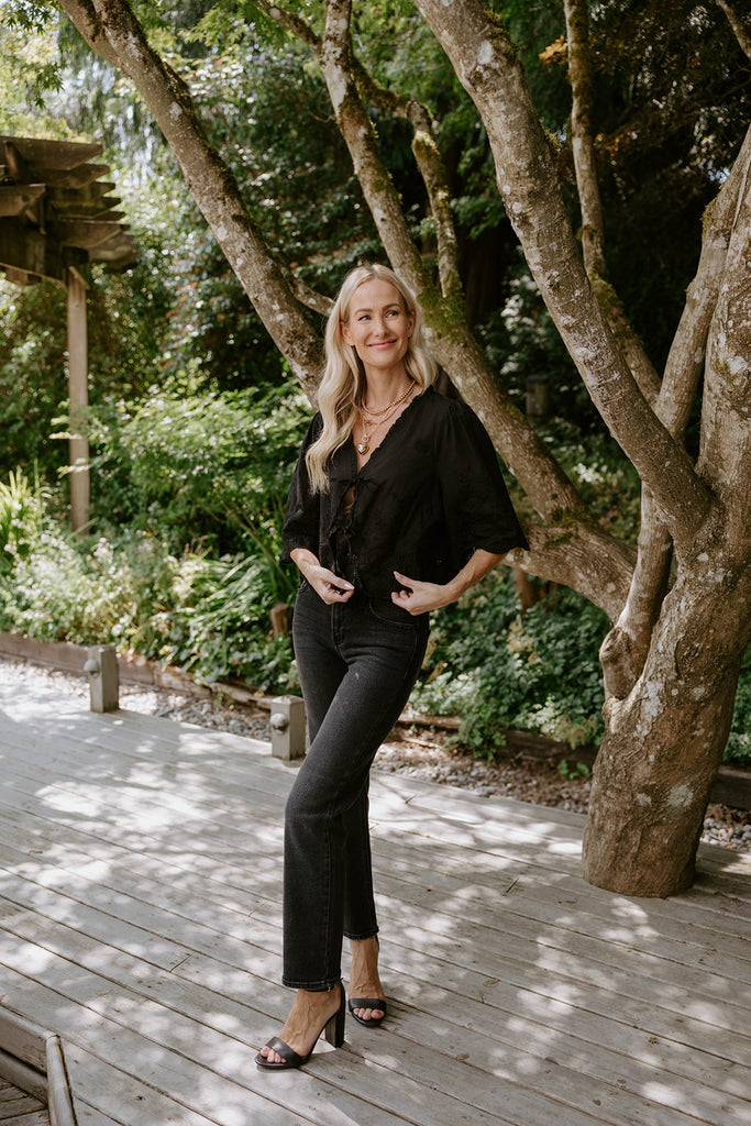 Eyelet & Floral Embroidery Tie Front Shirt - Black