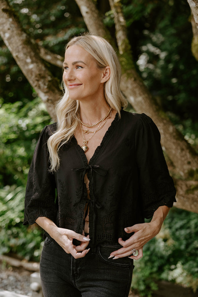 Eyelet & Floral Embroidery Tie Front Shirt - Black