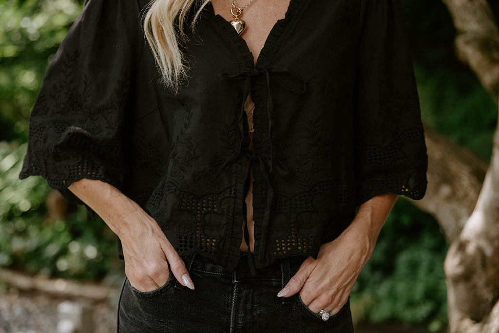 Eyelet & Floral Embroidery Tie Front Shirt - Black