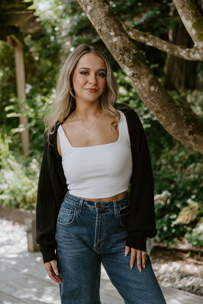 Square Neck Ribbed Crop Tank - White