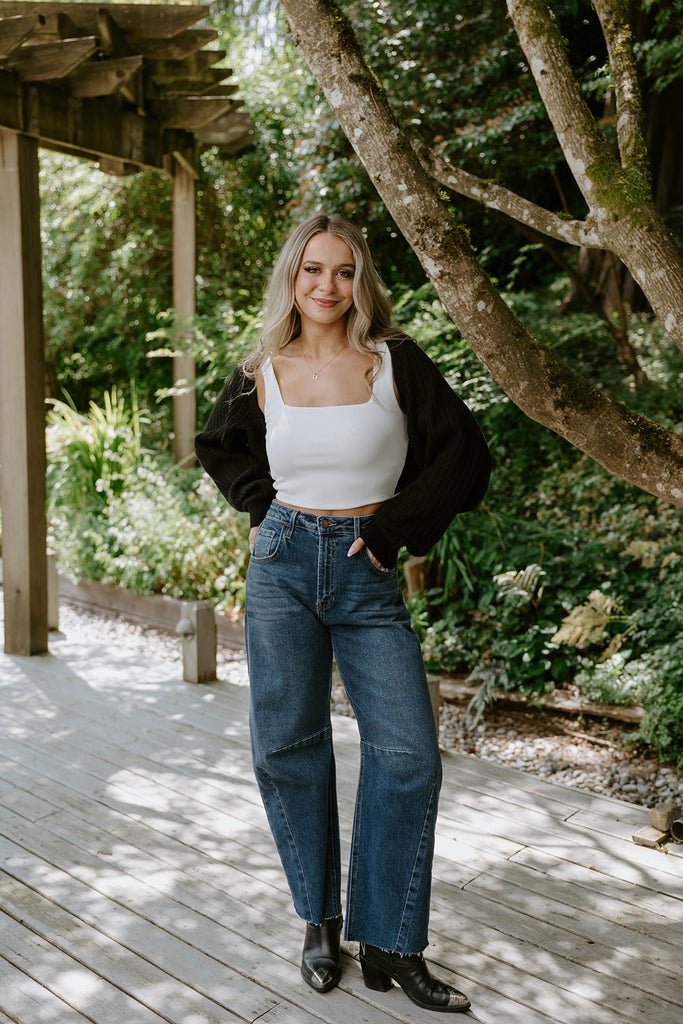 Square Neck Ribbed Crop Tank - White