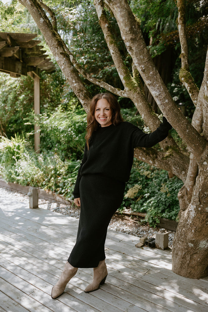 Waffle Sweater & Skirt Set - Black