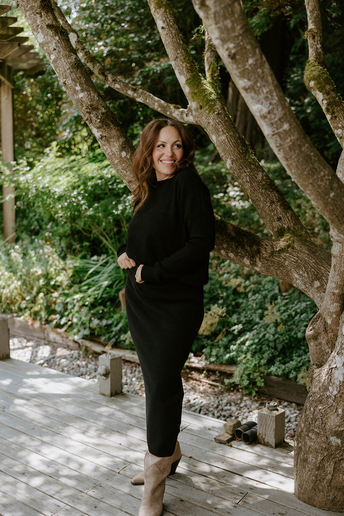 Waffle Sweater & Skirt Set - Black