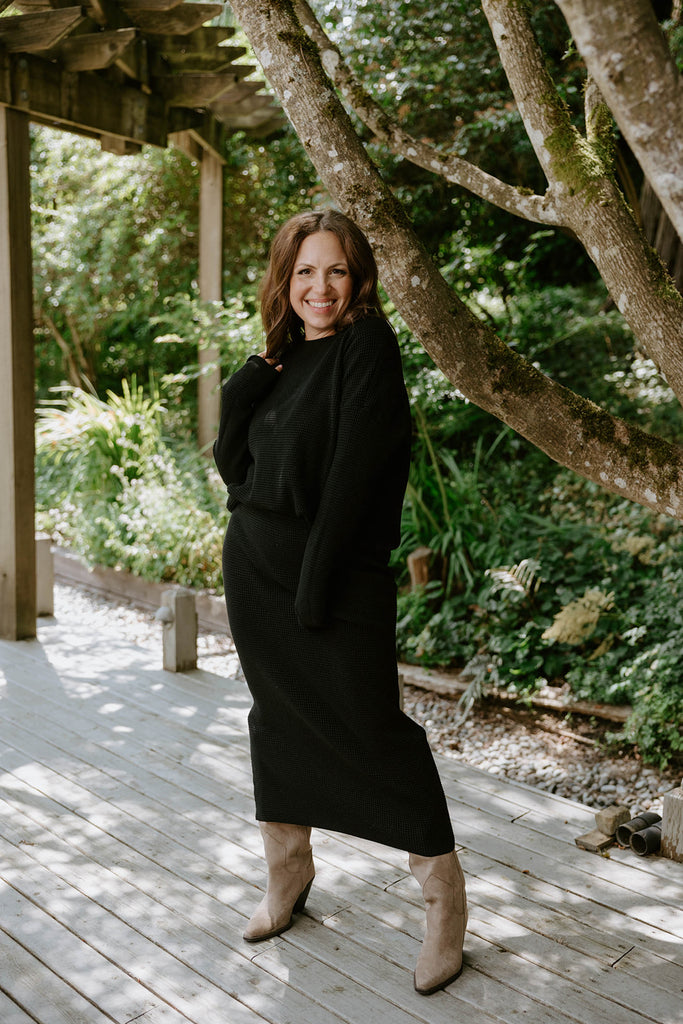 Waffle Sweater & Skirt Set - Black