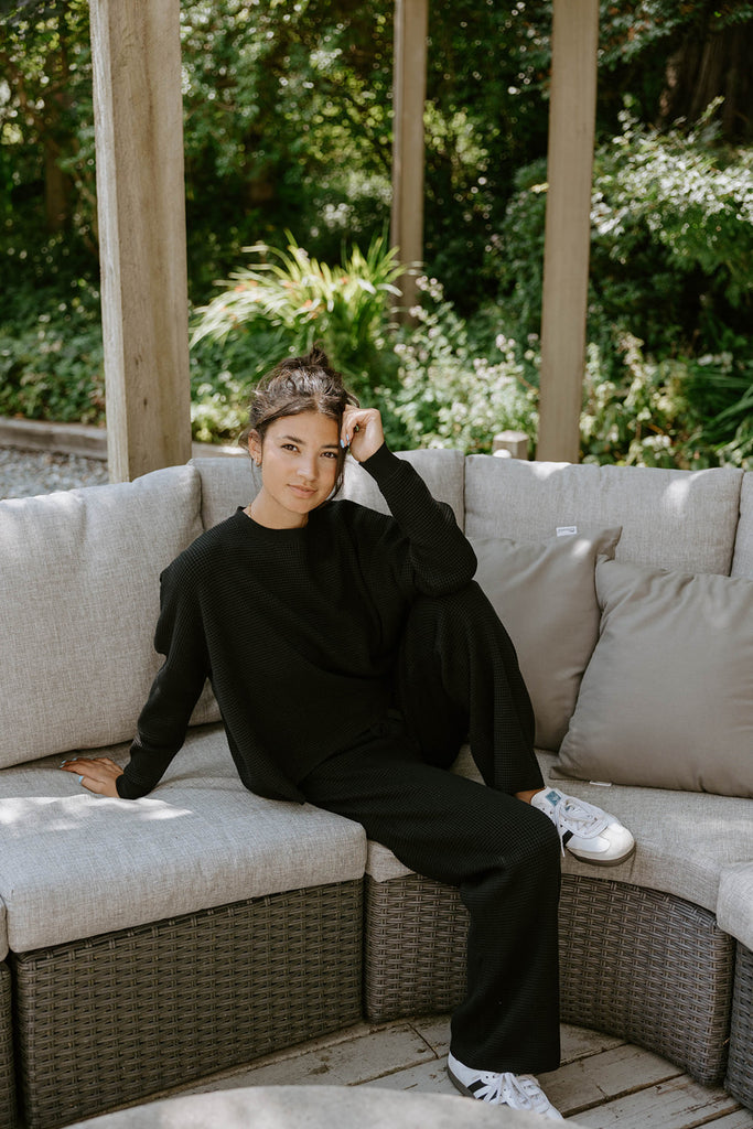 Waffle Textured Sweater & Pant Set - Black
