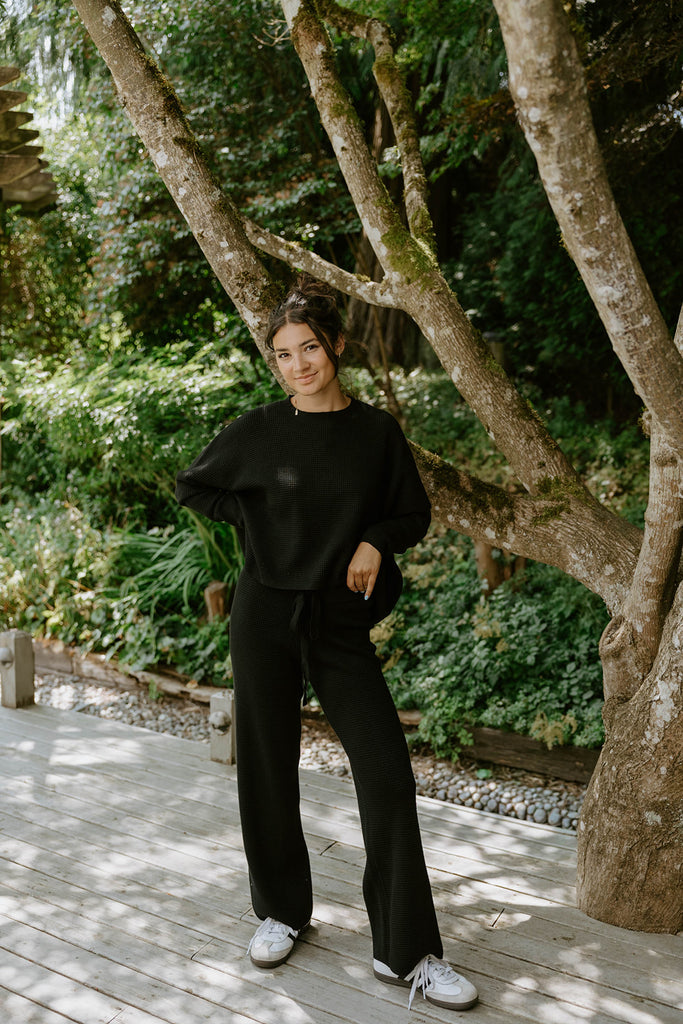 Waffle Textured Sweater & Pant Set - Black