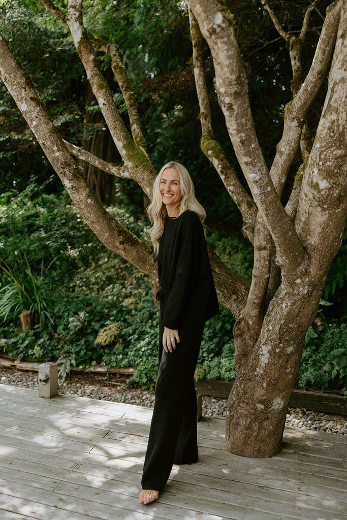 Waffle Textured Sweater & Pant Set - Black