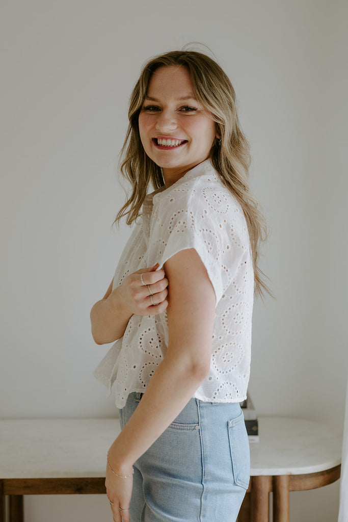 White Eyelet Button Up
