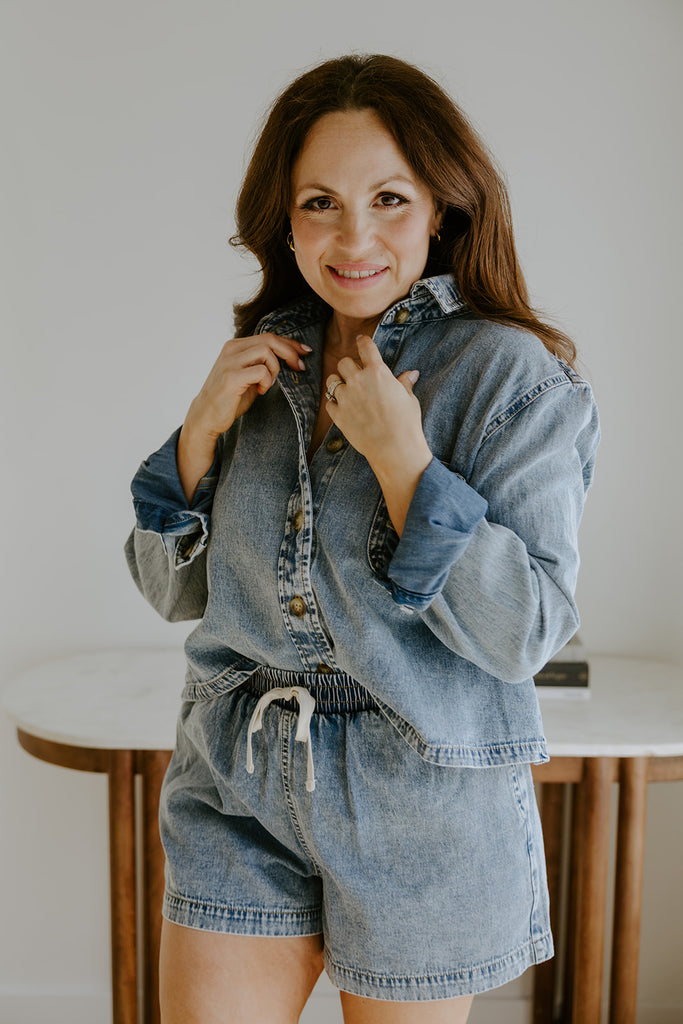 Washed Denim Boxy Shirt & Shorts Set