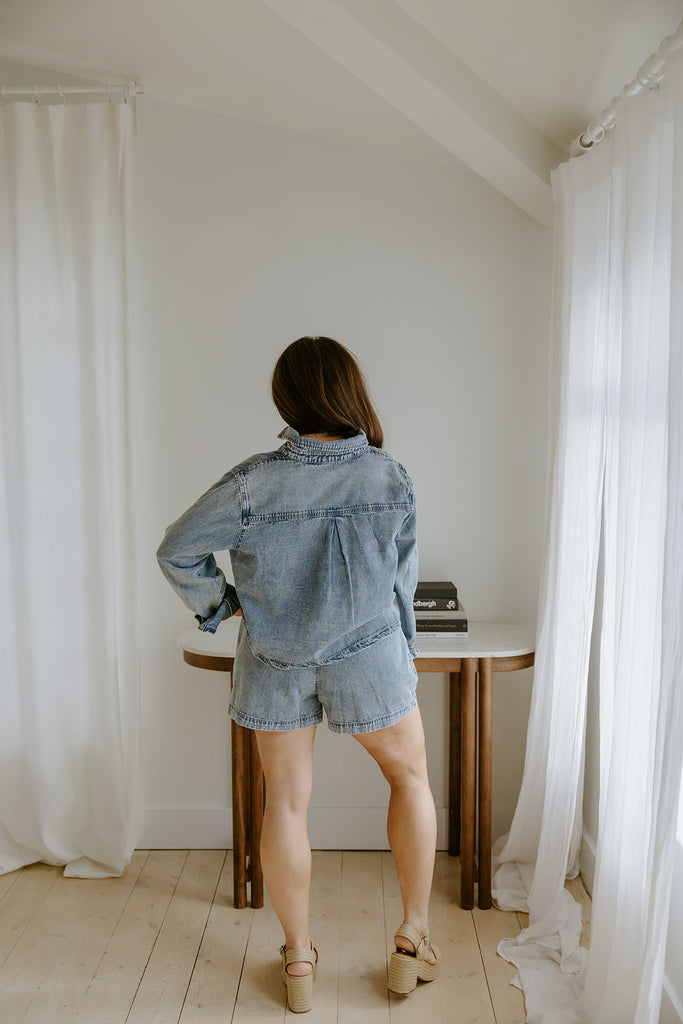 Washed Denim Boxy Shirt & Shorts Set