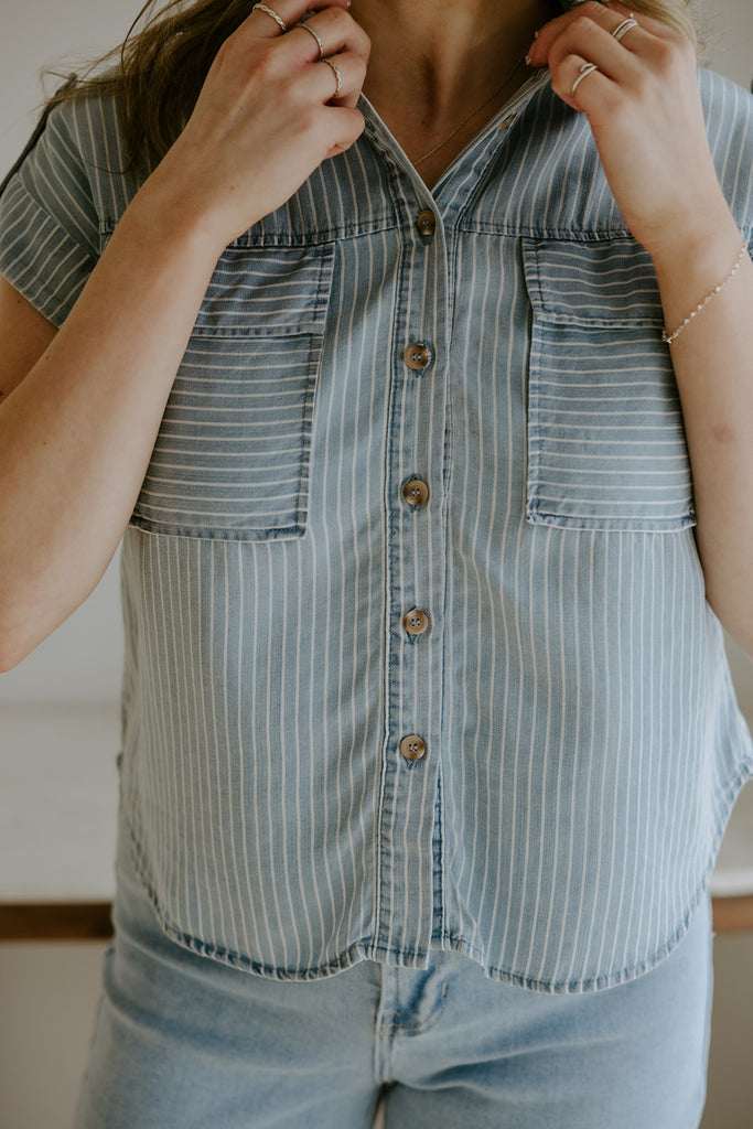 Striped Tencel Button Up - Blue