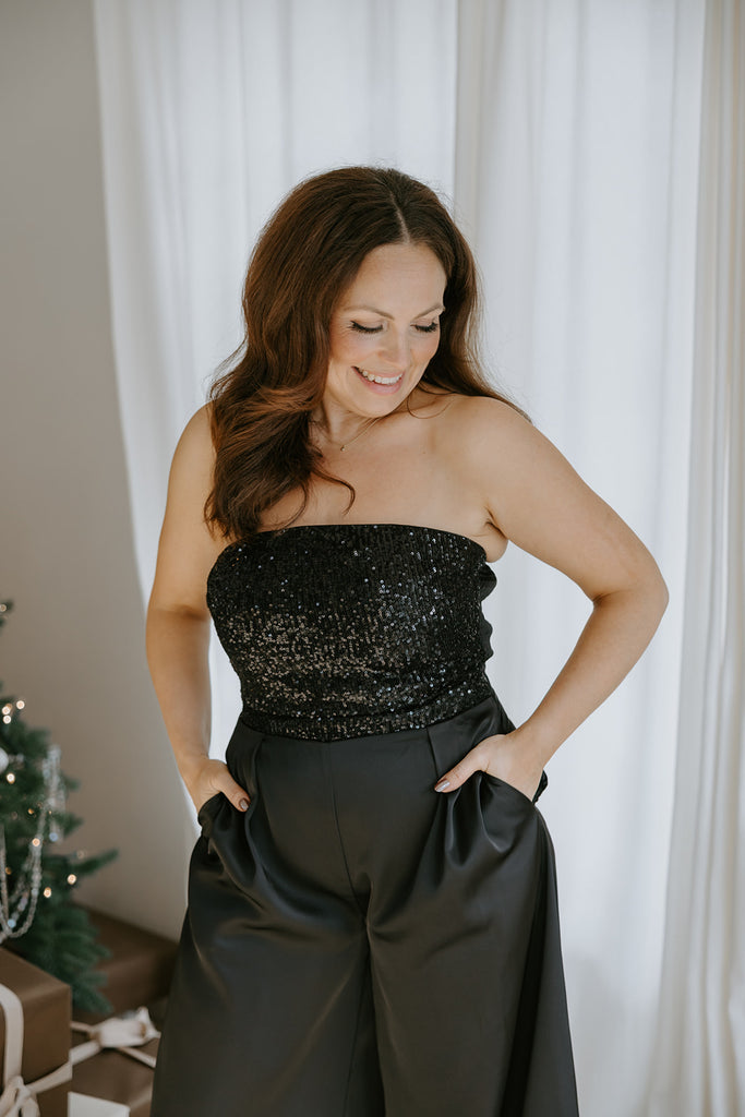 Sequin Tube Top And Pant Set - Black