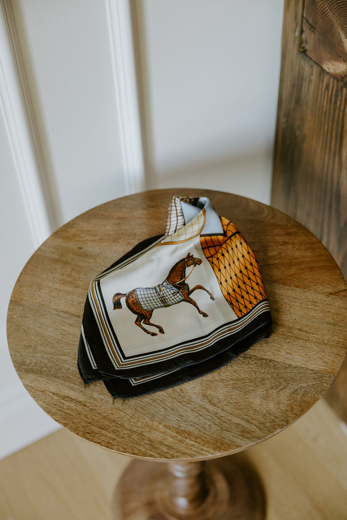 Horse Print Silk Scarf - Blue/Orange