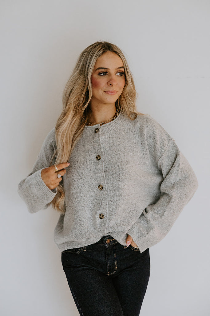 Button Up Cardigan with Exposed Seam - Grey
