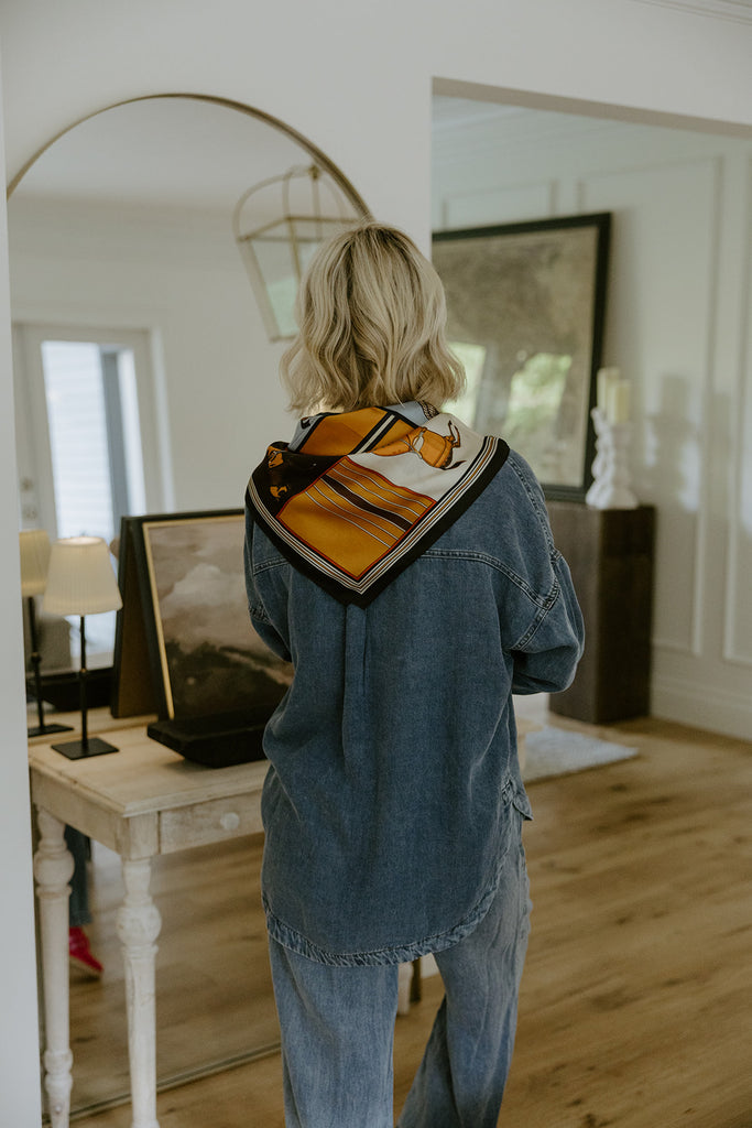Horse Print Silk Scarf - Blue/Orange