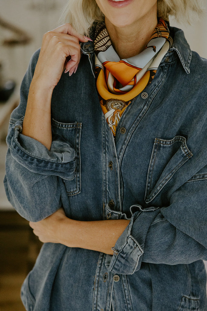 Horse Print Silk Scarf - Blue/Orange