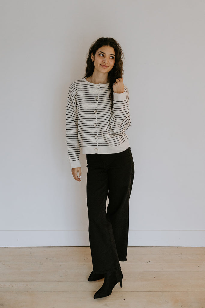 Striped Cream & Black Button Up Cardigan
