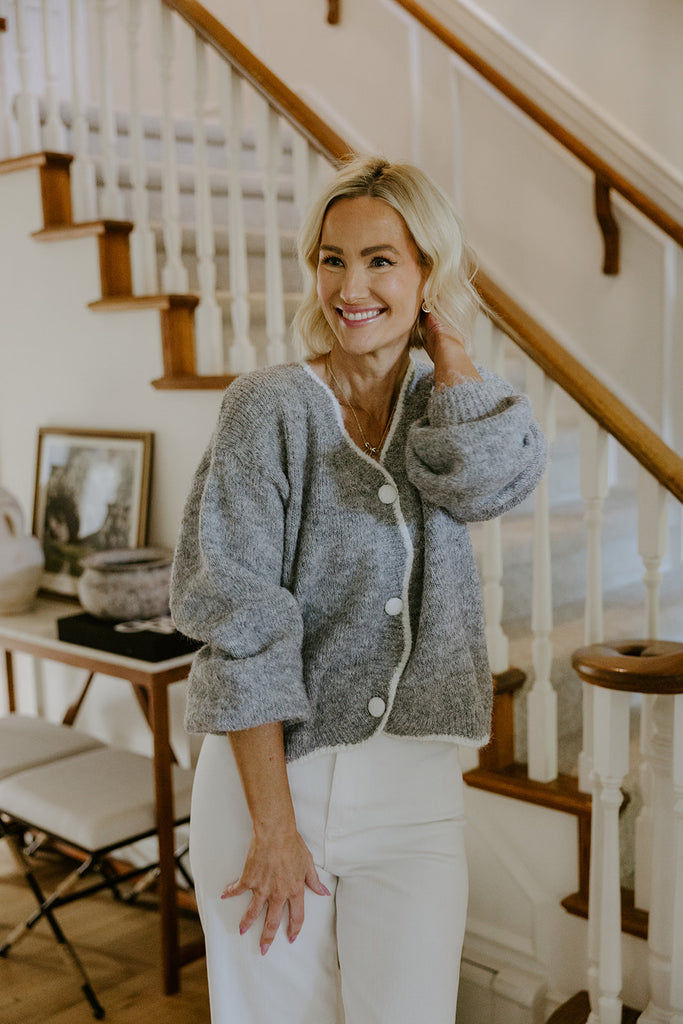 Scalloped Sweater With White Trim - Grey