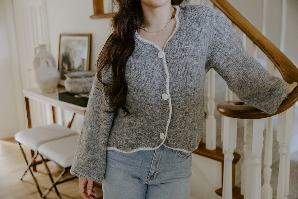 Scalloped Sweater With White Trim - Grey