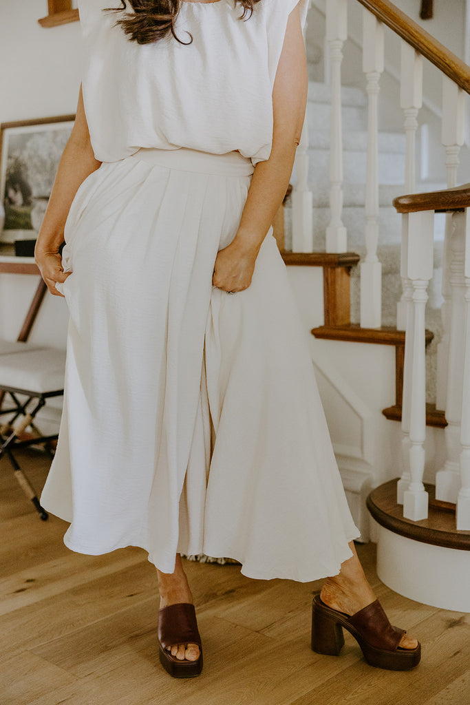 Bubble Top & Flowy Midi Skirt Set - Natural