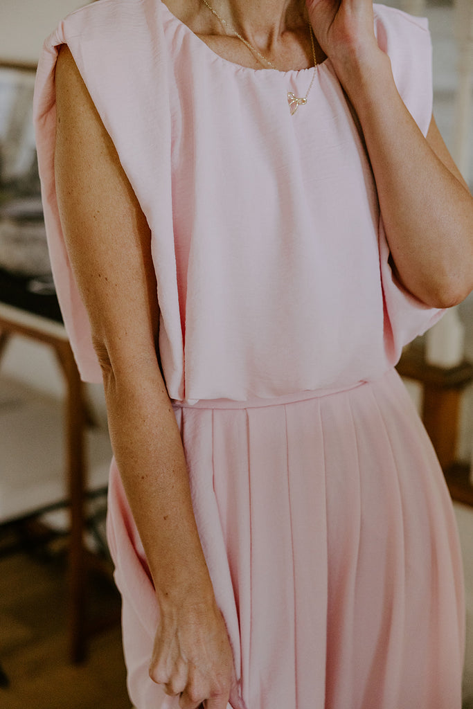 Bubble Top & Flowy Midi Skirt Set - Pink