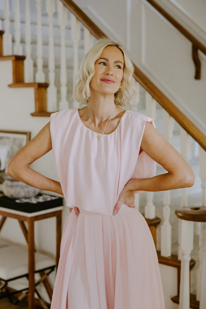 Bubble Top & Flowy Midi Skirt Set - Pink