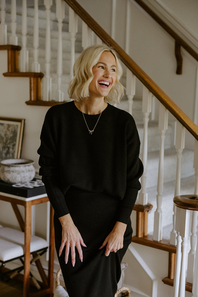 Waffle Sweater & Skirt Set - Black