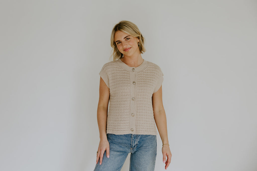 Knit Vest With Cap Sleeve - Taupe