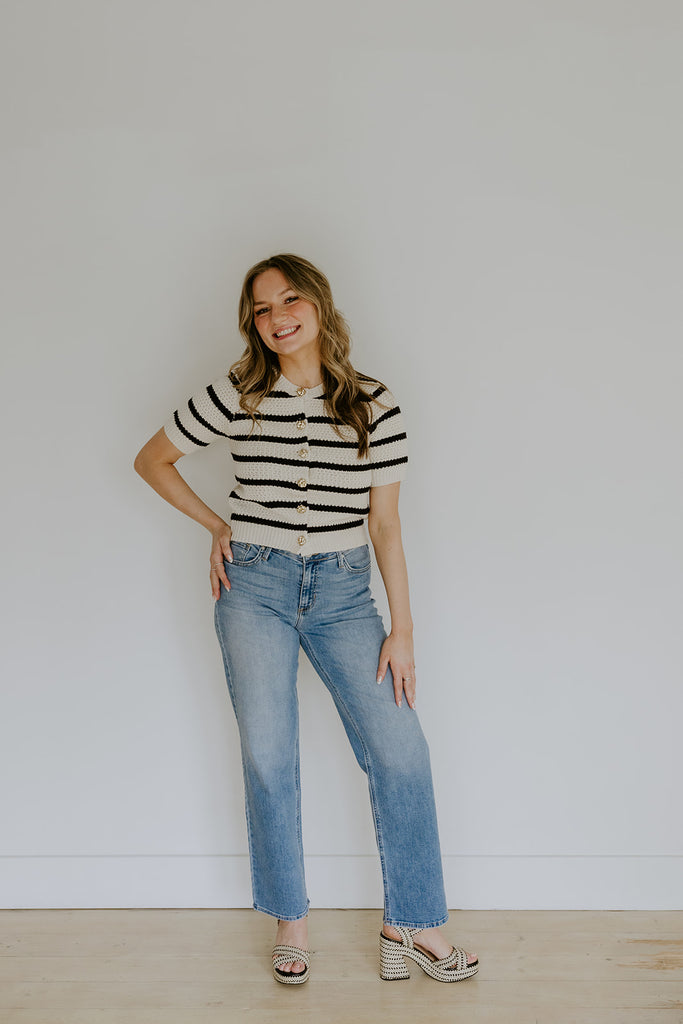 Striped Knit Short Sleeve Cardi - Natural