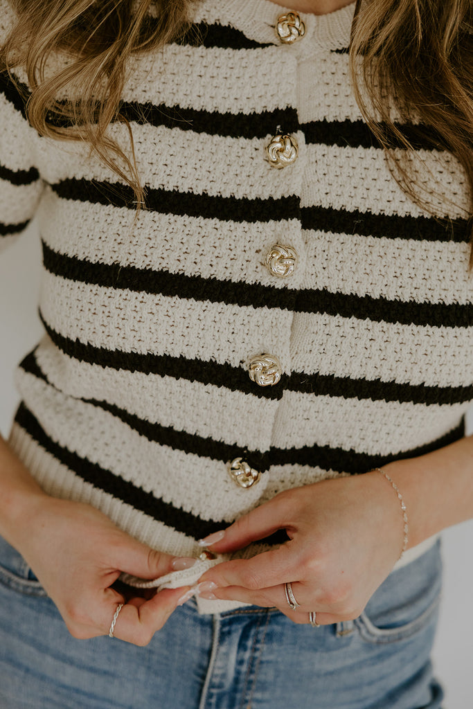 Striped Knit Short Sleeve Cardi - Natural