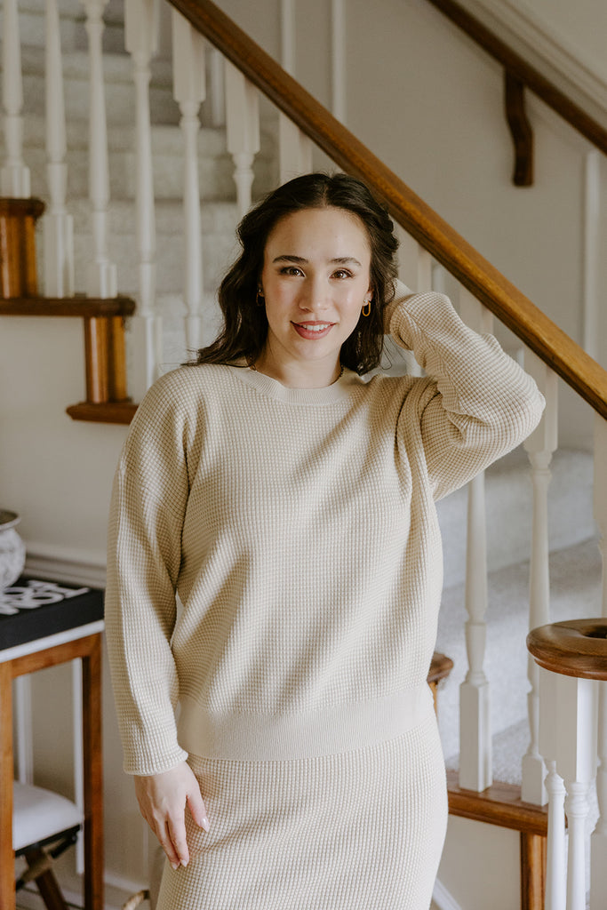 Waffle Sweater & Skirt Set - Oat
