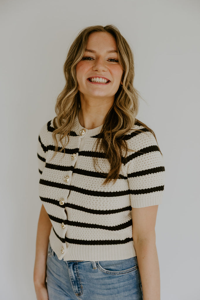 Striped Knit Short Sleeve Cardi - Natural