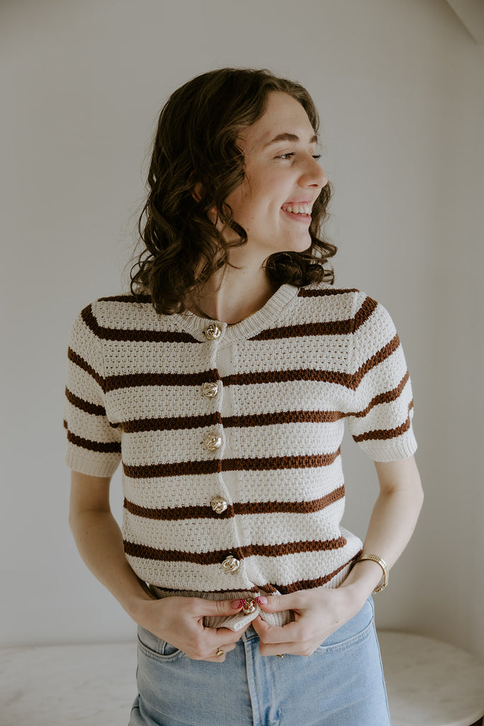 Striped Knit Short Sleeve Cardi - Mocha