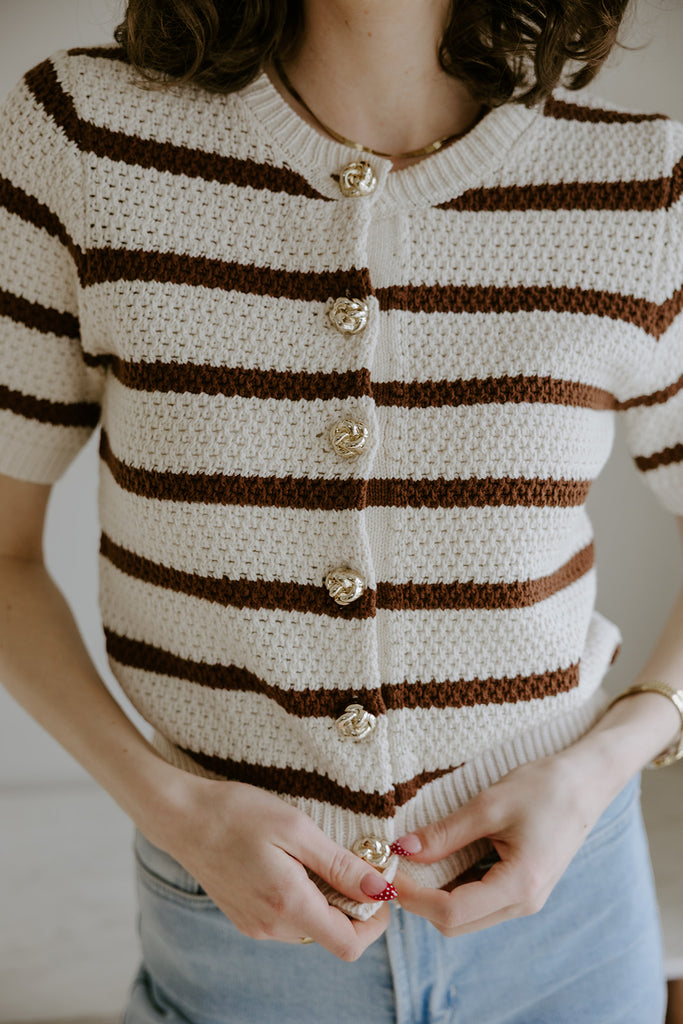 Striped Knit Short Sleeve Cardi - Mocha