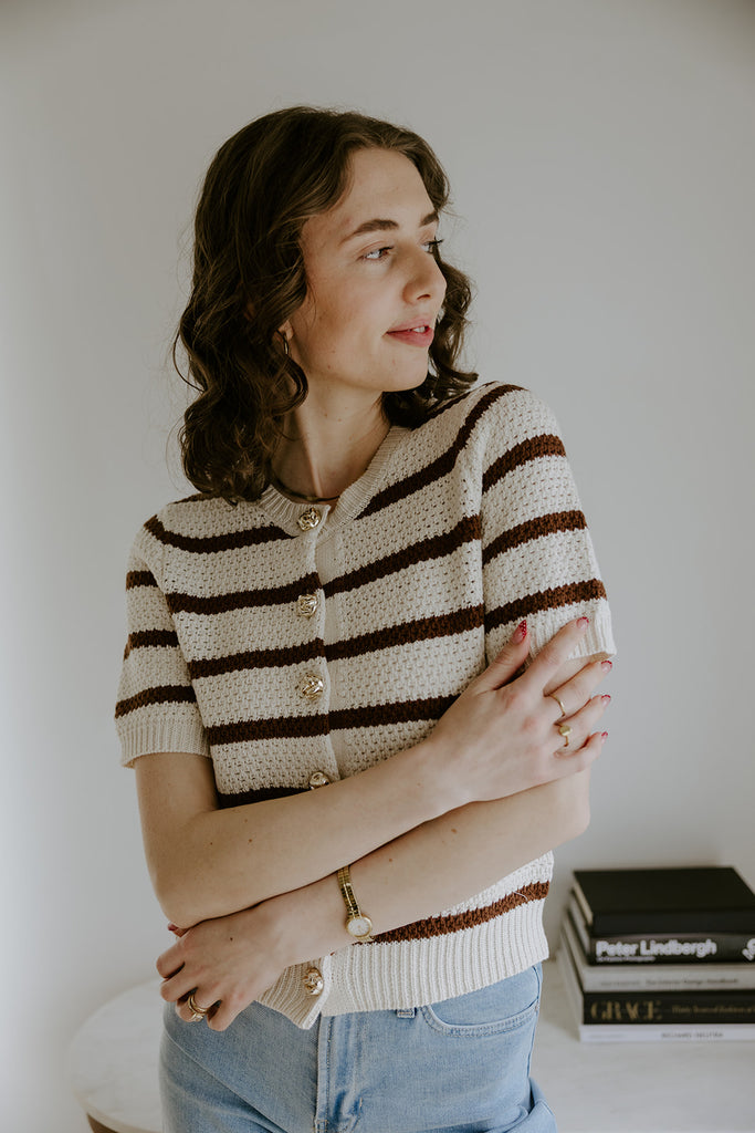 Striped Knit Short Sleeve Cardi - Mocha