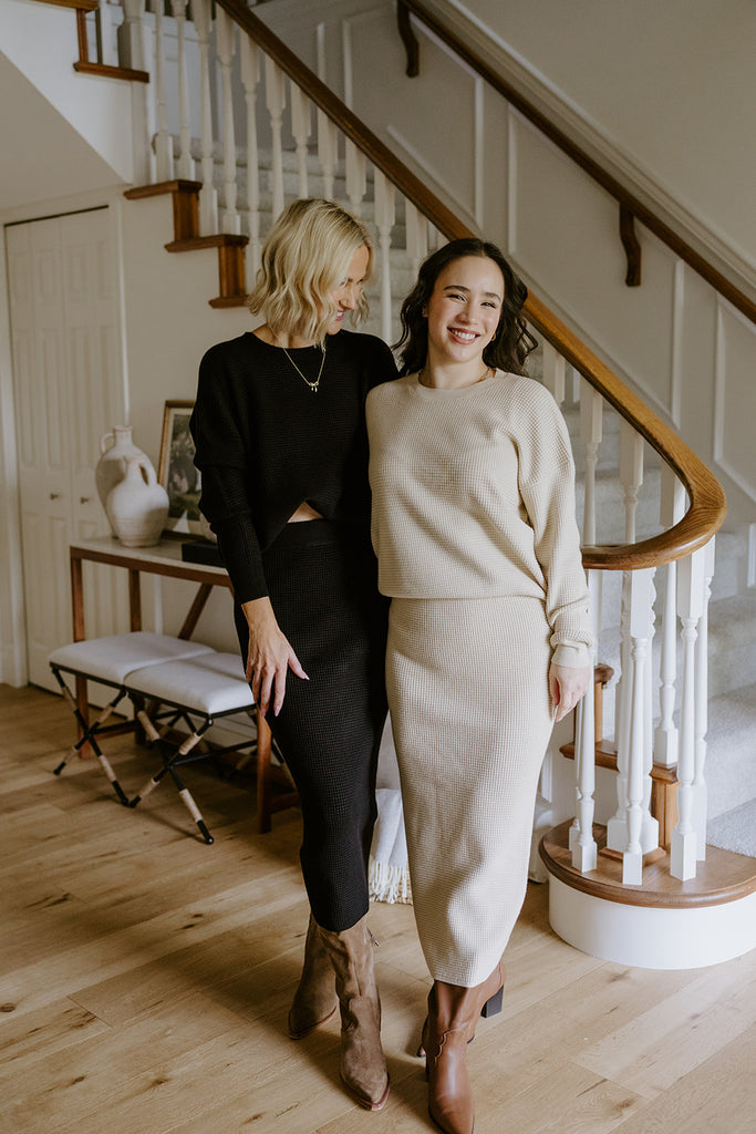 Waffle Sweater & Skirt Set - Oat