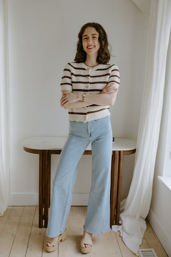 Striped Knit Short Sleeve Cardi - Mocha